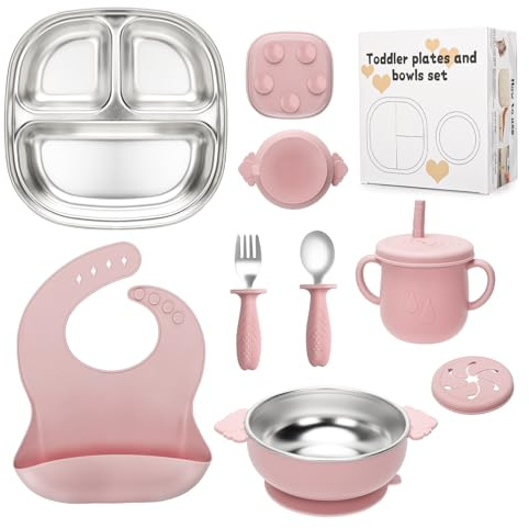CLDY Juego de alimentación de silicona para bebés de 7 piezas, de acero inoxidable, sin BPA, para niños pequeños y tapas (rosa)