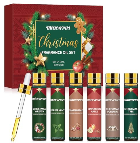 MIGCAPUT Jul Eteriska Oljor Set 6 x 10ML, Naturlig Aromaterapi Oljor Gift Set Doftoljor för Diffusorer, Handgjord Tvål, Doftljus - Kanel Äpple, Julpudding, Pepparkaka, Julkrans, Julgran, Pepparmynta