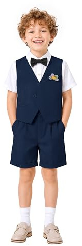 LOLANTA Ensemble Été Garçon 6 Pièces, Gilet Asymétrique, Chemise, Short, Noeud, Bretelles, Fleur, Bleu Marine, 9-10 Ans, 140