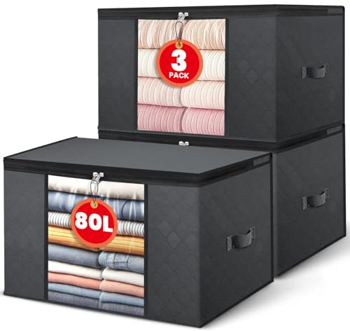 NEWSONA Set da 3 Borse Salvaspazio Pieghevoli 80L – Grigio Scuro – Tessuto a 3 Strati con Finestra Trasparente – per Vestiti, Coperte, Letto, Armadio