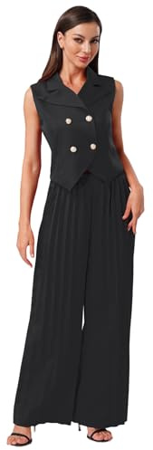 Agoky Completo Donna 2 Pezzi Gilet alla Moda con Pantaloni a Pieghe Tailleur Casual Elegante in Tinta Unita Suit per Festa Banchetto Lavoro Ufficio Matrimonio Nero M