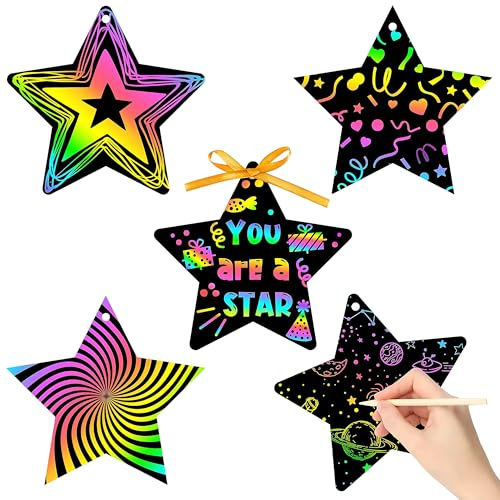 Magic Star Scratch Art Paper Set, 24PCS Rainbow Scratch Cards with Stylus, Black Scratch Off Boards for DIY Arts and Crafts, Classroom Activities, Travel Fun and Party Bag Fillers (24)