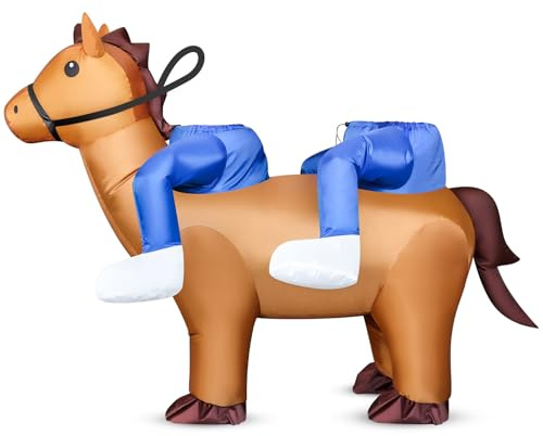 DEDC Brown Couple Inflatable Horse Costume for Adult, Funny Cowboy Blow Up Costume, 2 person Horse Rider Costumes for Men Women Friend Halloween, Cosplay, Western, Country,Hores Themed Party