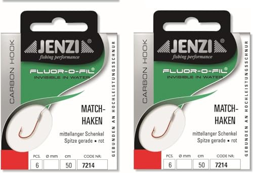 Set: 2 Packungen JENZI gebundene Matchhaken Angelhaken (12 Stück), an Fluor Carbon, Vorfach fertig 50cm Hakengröße 12, 14, 16 & 18 + gratis Petri Heil! Aufkleber (Hakengröße 14)