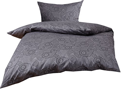 Bettwaesche-mit-Stil Mako Satin Damast Paisley Bettwäsche Garnitur Davos 155x220 + 80x80 schwarz - grau