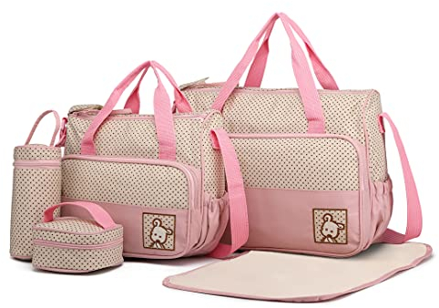 Miss Lulu 5-teiliges Baby Wickeltasche Set mit Wickelunterlage & Flaschenwärmer, Große Windeltasche als Umhängetasche, Organizer und Reisetasche Für Mama & Papa, Kinderwagen Tasche (Rosa)