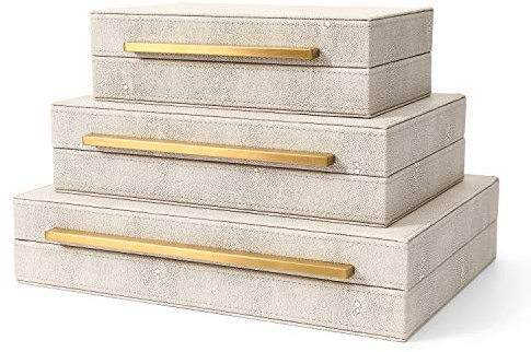 RUNYAO BAALTTO Kingflux Faux Ivory Shagreen Leather Set of 3 Pcs Decorative Boxes, Storage Boxes Jewelry Organizer, Men's Accessory Organizer (Ivory)