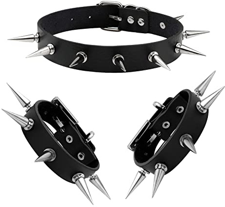 Manfnee Gargantilla de cuero con tachuelas y tachuelas de metal, estilo punk gótico, brazalete negro, Middle size, Cuero, Sin piedra preciosa