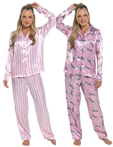 Slumber Hut® Pijama de satén para mujer, diseño de cebra, manga larga, color rosa y blanco, tacto de seda, ropa de dormir de verano, talla 36 a 50, Cebra rosa, 44-46