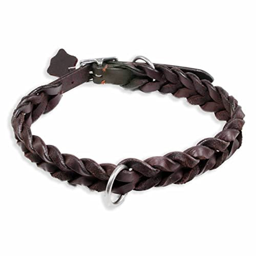 MONKIMAU Halsband Hund echt Leder Hunde Halsbänder braun geflochten Lederhalsband verstellbar Dog Collar Hundehalsband Größe S-XS (L: 30mm x 65cm)