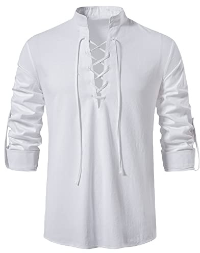 YAOHUOLE Men's Cotton Linen Shirt Regular Fit Plain Collor Lace Up Tops White L