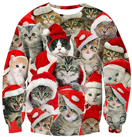 Rave on Friday Uomo Donna Ugly Christmas Cool Jumper Felpa 3D Stampato Cat Pullover Manica Lunga Divertente Maglione di Natale 3XL