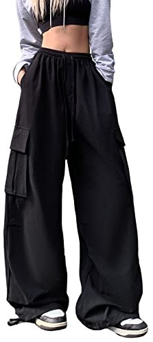 Hewlshawn Cargo Hose Baggy Y2K Vintage Gothic Hosen High Waist Gerade Boyfriend Aesthetic Harajuku Streetwear (Black,M)