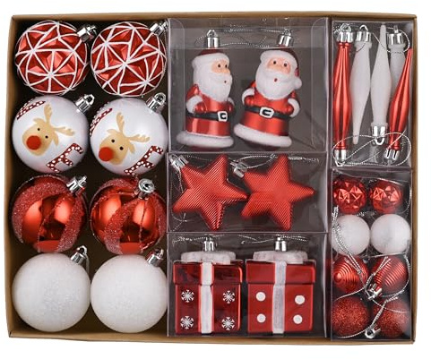 Valery Madelyn Weihnachtskugeln Set, 40pcs Christbaumkugeln Kunststoff Weihnachtskugel Weihnachtsdeko mit Aufhänger Geschenkpaket Weihnachtsbaumschmuck Rot Weiß Thema