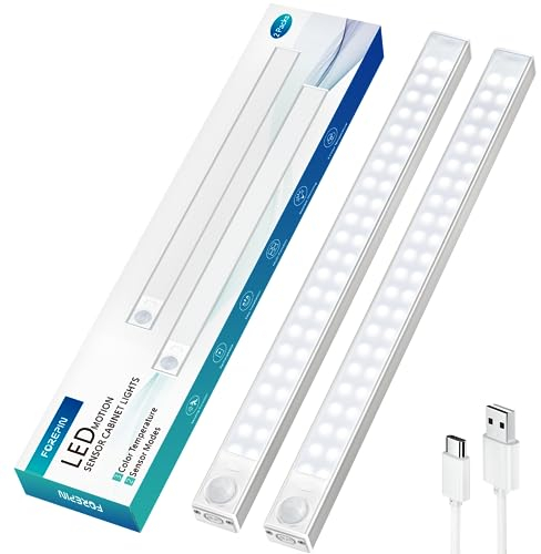 Forepin LED Unterbauleuchte Küche, 2 Stück Schrankbeleuchtung 30CM, 2000mAh Wiederaufladbar Schranklicht mit Bewegungsmelder, 88LEDS Lichtleiste für Schlafzimmer, Schrank, Werkbank, Kleiderschrank