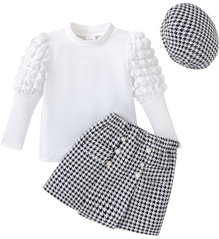 Top Bambina 10 Anni Invernali Pullover con maniche a palloncino a righe per bambine e gonna stampata scozzese con abiti autunnali per ragazze con cappello Vestiti 1 Anno Bambina (White, 7 Years)