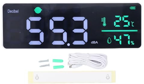 3 i 1 Decibelmätare Vägghängande Ljudnivåmätare 30‑130dBA Stor LED-skärm Brustemperatur Luftfuktighetsmätare DB-mätare