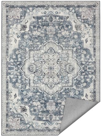 SONGMICS HOME Vintage Teppich, 120 x 170 cm, Wohnzimmerteppich, Schlafzimmerteppich, Waschbarerteppich, Rutschfester Teppich, für Küche, Flur, Esszimmer, Taubengrau TAR032G01