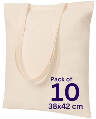 MINIMARG 100% Cotton Canvas Bags for Grocery, Plain Tote Bags to Decorate, eco-friendly Canvas Reusable blank Tote Bags made with Premium Quality Fabric - Size 38x42cm+65cm long Handle (10, Natural)
