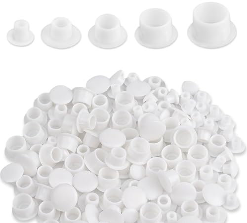 200 Stück Abdeckkappen für Bohrlöcher, 5 Größen Schraubenabdeckung Weiss Lochstopfen Bohrloch Abdeckkappen Abdeckstopfen für Nagellöcher Schraubenlöcher (5mm/6mm/8mm/10mm/12mm)