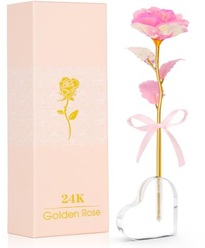 Beferr Enchanted Rainbow Flower Gift for Women Pink Rose with Heart Base | Golden Foil Forever Rose,Birthday Gift for Mum,Grandma,Wife,Girlfriend,Eternal Rose Gift,Anniversary,Valentines,Christmas Day