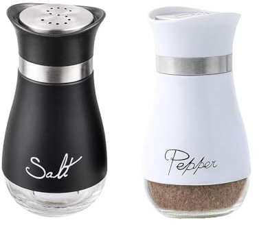 Shirene Saliera e Pepiera,2 Pezzi Sale e Pepe Set in Vetro,Saliera e Pepiera con Fondo in Vetro,Salieras e Pepiera,Salieras per Cucina,Cucina Casalinga, Campeggio,Barbecue (Bianco e Nero)