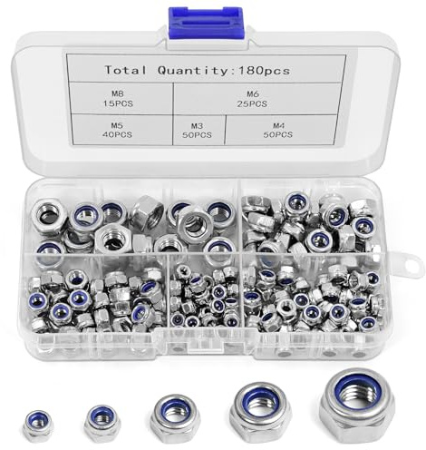 180 Stück Sicherungsmuttern Sortiment Set, M3 M4 M5 M6 M8 Sechskantmuttern, Muttern Sortiment 304 Edelstahl, Sechskant Muttern Set, Kontermuttern für Schrauben und Gewindestangen