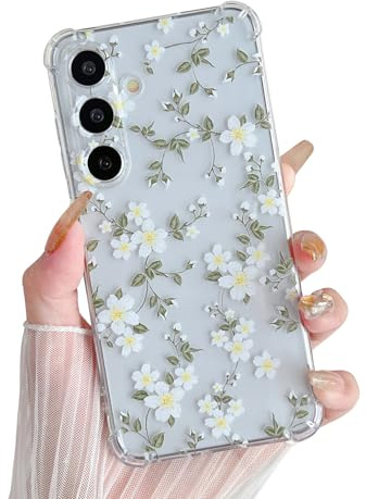 ZTOFERA Fodral till Samsung Galaxy S25 Plus, transparent klart mjukt TPU-fodral med blommönster, ultratunt reptåligt silikongel skyddande stötfångare fodral för Samsung S25 Plus 5G – stor vit blomma