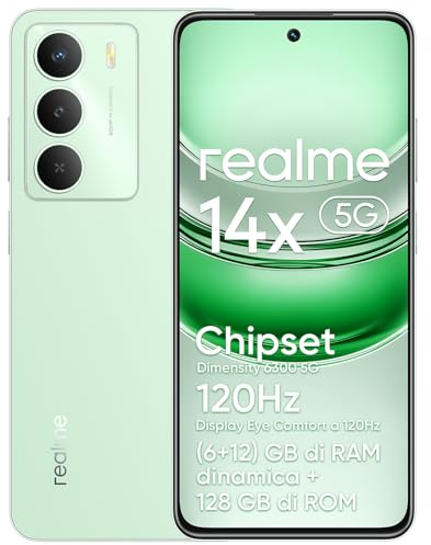 realme 14x 5G Smartphone (6+12)Go RAM Dynamique 128Go ROM, écran Confort Oculaire 120Hz,Appareil Photo 50MP, Batterie 5000mAh, Résistance Aux Chocs de Qualité Militaire,Octa-core,Vert, Sans Adaptateur