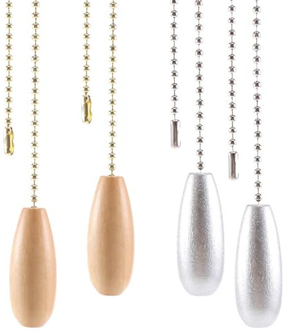 Huudngeje ChaîNe de Ventilateur de Plafond 4 PièCes Tire la ChaîNe de Traction en Bois ChaîNe de Traction pour ChaîNe de Ventilateur de Lampe de Plafond (Couleur Argent et Bois)