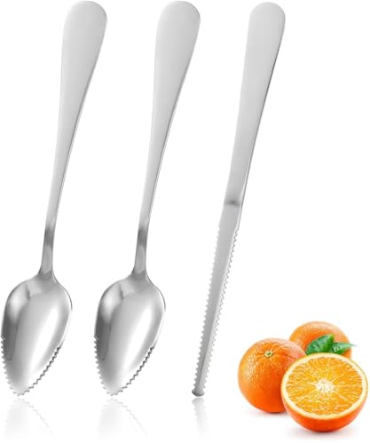 3pcs Grapefruit Spoons and Knife Set with Serrated Edge, Stainless Steel Grapefruit Curved Serving Utensils for Citrus Lemon Kiwi Melon Lime Pitaya Fruit