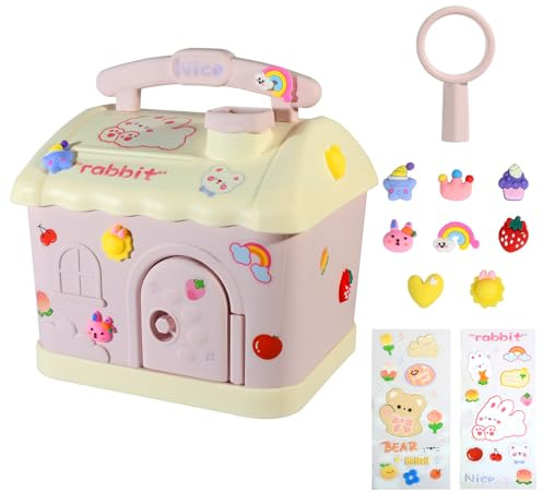 Salvadanaio per Bambine - Salvadanaio Grande Bambini con Chiave, Cassetta Porta Soldi Rosa a Forma di Casa con Adesivi Fai Da Te, Ritorno a Scuola, Regali di Compleanno, Regali di Natale