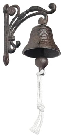 Z Metnal Cast Iron Door Bell, Antique Country House Handmade Brown Vintage Wall Mounted Dinner Bell, Decorative Metal Hanging Doorbell with Hook for Porch Garden Home Entryway, Rope Included