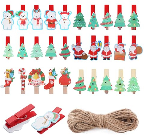 30 Pcs Christmas Wooden Clips, Christmas Mini Pegs with Jute String, Xmas Card Holder Pegs for Photography Craft Card Ornaments Xmas Tree Wall Decoration