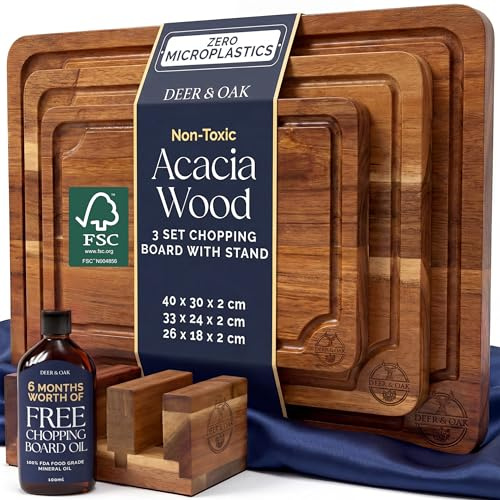 Juego de 3 tablas de cortar de acacia preengrasadas y no tóxicas con soporte, tablas de cortar de madera con certificación FSC, incluye aceite para tabla de cortar de 100 ml, 3 tablas de tallado de