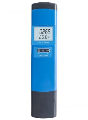 Tester di qualità dell'acqua per piscine e acquacoltura con funzione ORP CL Temp 3 in 1, display LCD, intervallo ossidante 0,01-3,0 mg/L, struttura in plastica metallica, blu, alimentato da 2X CR2032