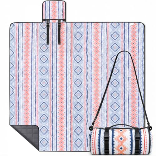 WolfWise Picknickdecke Wasserdicht, 200x200 cm große Stranddecke, Faltbare Picknick Decke mit Verstellbaren Gurten & Schultergurt, Picknickdecke Isoliert für Garten, Wiese, Blau-Rosa