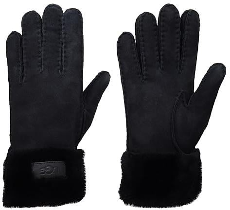 UGG Women's Leather Turn Cuff Water Resistant Sheepskin Shearling Lined Winter Gloves, Black, Large
