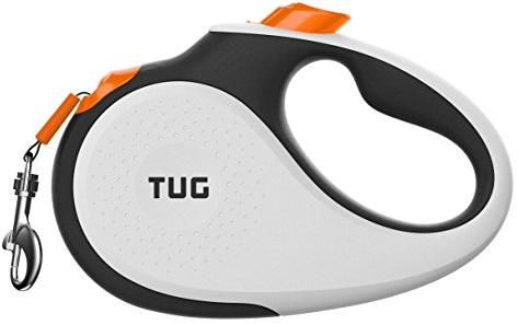 TUG 360° Tangle-Free Retractable Dog Lead for Up to 25 kg Dogs | 5 m Strong Nylon Tape | One-Handed Brake, Pause, Lock (Medium, White/Orange)