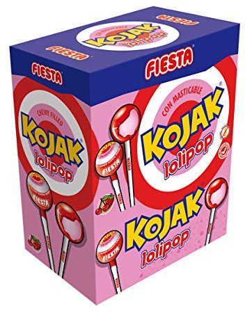 FIESTA Kojak Lolipop Caramelo con Palo Sabor Cereza Relleno de Masticable de Fresa - Caja de 100 unidades