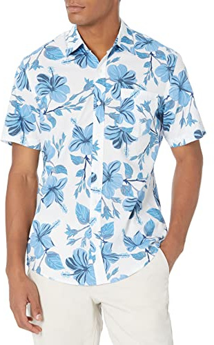Amazon Essentials Camisa de Corte Ceñido con Mangas Cortas, Botones y Estampado Hombre, Azul Estampado Floral, L