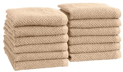 Great Bay Home 100% Cotton 12-Pack 13x13 Wash Cloth - Absorbent, Quick-Drying, Durable Face Towels for Bathroom Decor - Low-Twist, Two-Ply Fibers (Taupe)