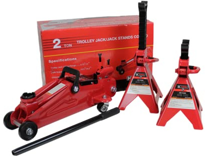 K Tool International 63097A 2 Ton Automotive Trolley Floor Jack with Jack Stands for Garages, Repair Shops, and DIY, 4,000 lbs. Capacity, Hydraulic Lifting Range 5-1/8 to 13, Heavy Duty Steel, Red