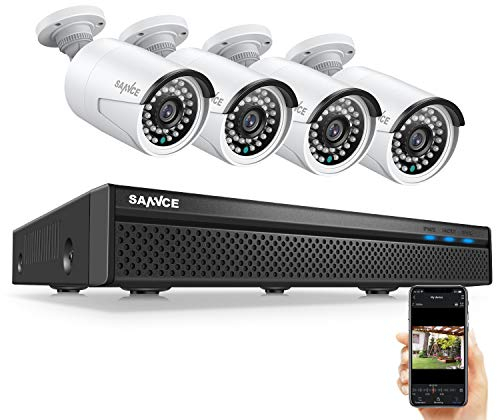 SANNCE Kit caméra de surveillance PoE 5 MP avec enregistrements sonores, enregistreur vidéo 8 CH avec H.264 + compression vidéo, étanche 4 x 5 MP avec LED IR intelligentes, Accès à Distance