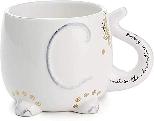 VOTUM Elephant Ceramic Coffee or Tea Mug - Animal Shaped Cup with Hand Printed Designs Saying “And So the Adventure Begins” - Cute Handmade Gift for Men or Women Elephant Lovers – 18.6 Fluid Ounce