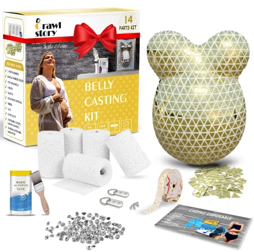 Crawl Story Belly Casting Kit for Pregnant Women | DIY Keepsake with Plaster Cloth Roll, 550 Acrylic Mirrors, Rhinestone Crystals & Hanging Hardware | Baby Shower Gift, Gold Mirror Casting Kit