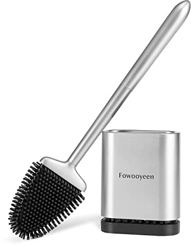 Fowooyeen Escobillas de Baño, Escobilla WC Silicona, Cepillo Toilet Plana de Mango Largo, Cepillo de Limpieza WC Curvo de Pie/Montado en la Pared - Plata Mate