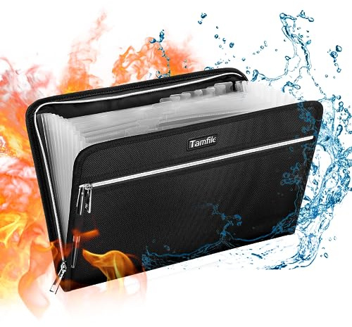 Tamfile Fireproof Expanding File Folders, 13 Pockets Waterproof Accordion Folder Document Organiser with Zipper, Portable A4 Plastic Document Wallet Filling Storage with Labels for Office and School
