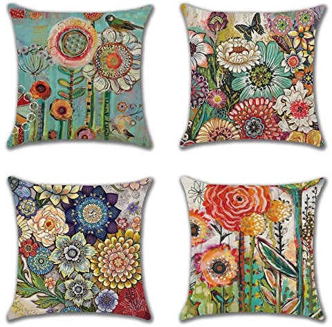 JOTOM Set of 4 Floral Throw Pillow Covers 18x18 Inch Summer Decorative Square Cushion Covers 45x45 cm Sofa Colorful Flowers Cushion Cases for Outdoor Home Bed Couch Farmhouse Decor (Colorful Flowers)