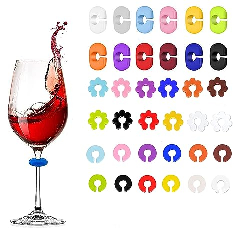 DuDuZui Segnabicchiere Silicone, 36 pezzi Riutilizzabili Segna Bicchieri Calici Vino Identificazione del Bicchiere da Vino, Adatto per Feste, Anniversario, Natale, Banchetti, Matrimoni